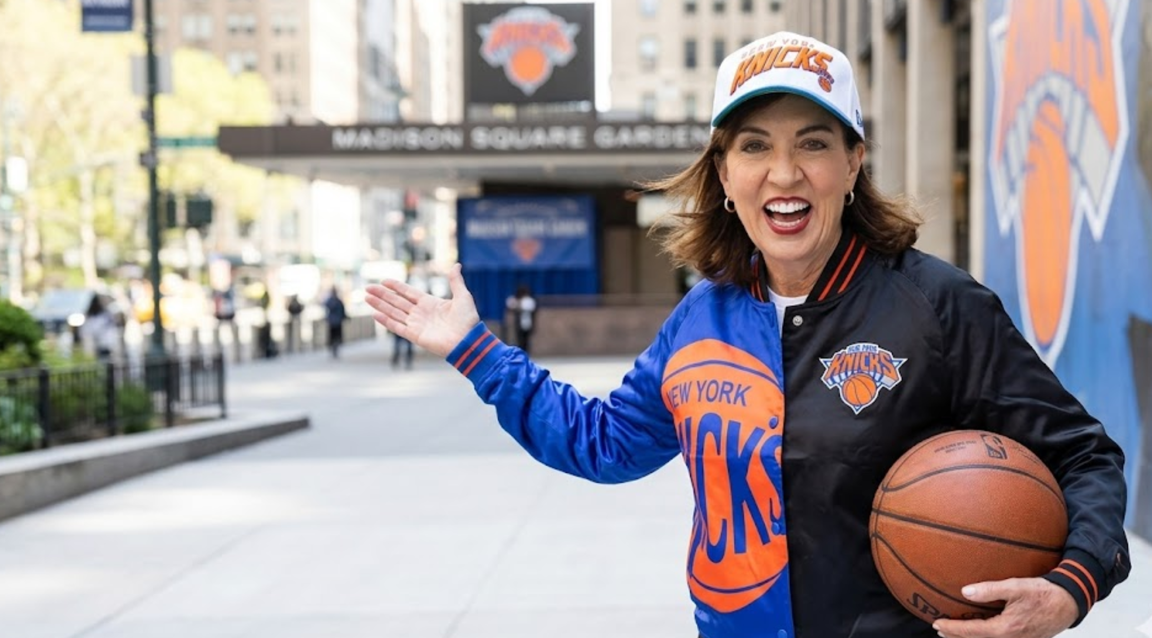 Kathy Hochul New York Knicks Championship Parade Blue and Black Varsity Bomber Jacket