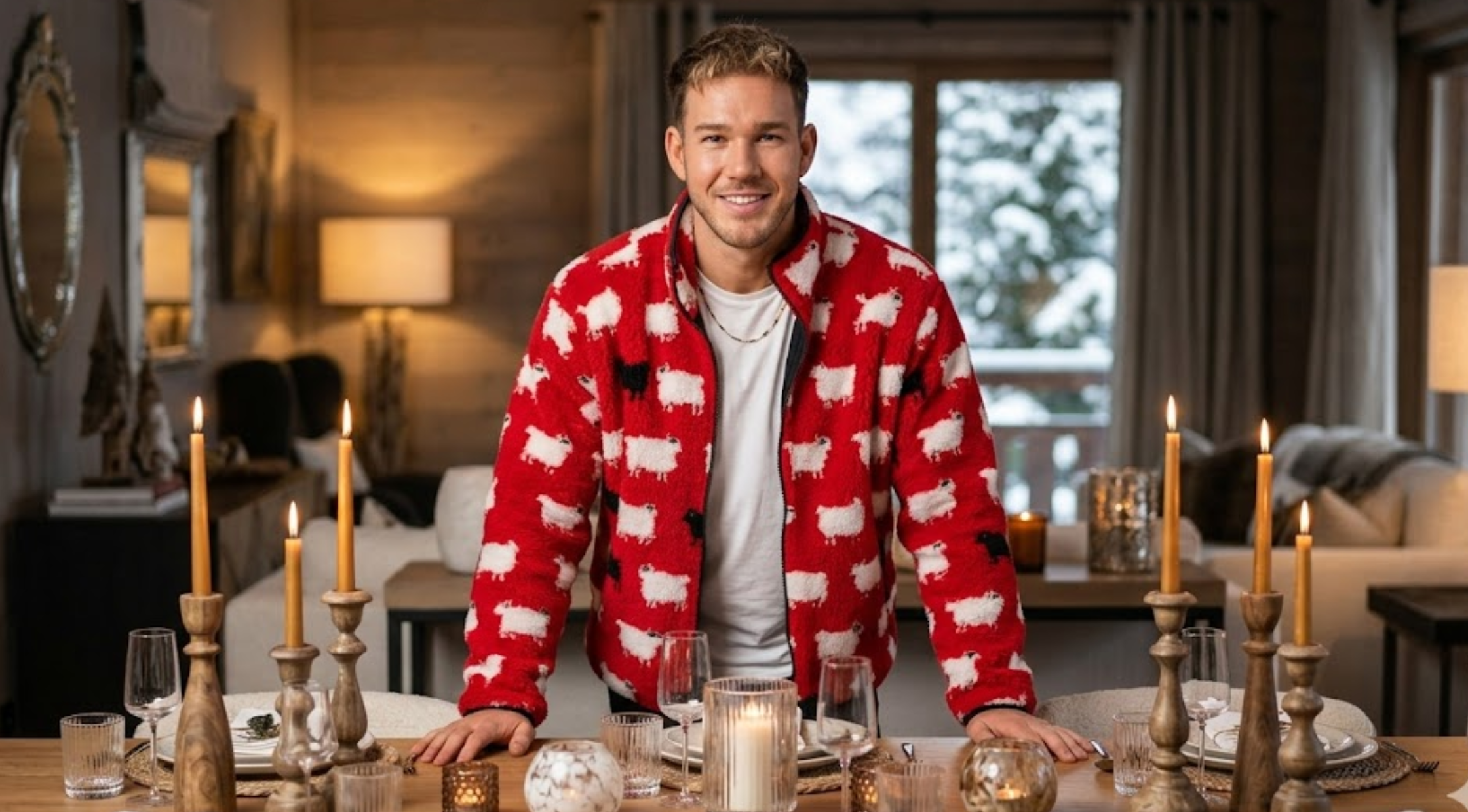 The Traitors S04 Colton Underwood Red Sherpa Jacket with White Sheep Print