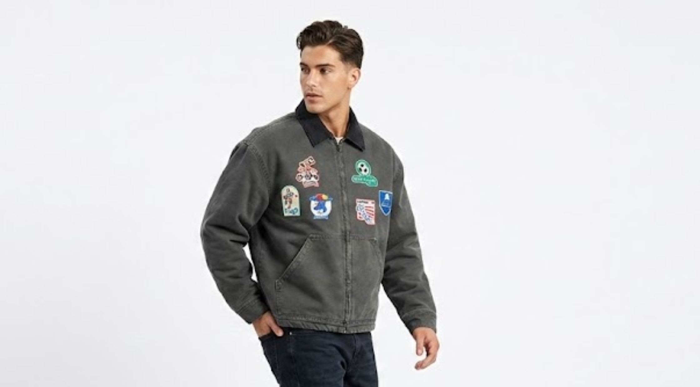 FIFA World Cup Charcoal Canvas Utility Patch Work Jacket with Football Mascot Embroidered Graphics