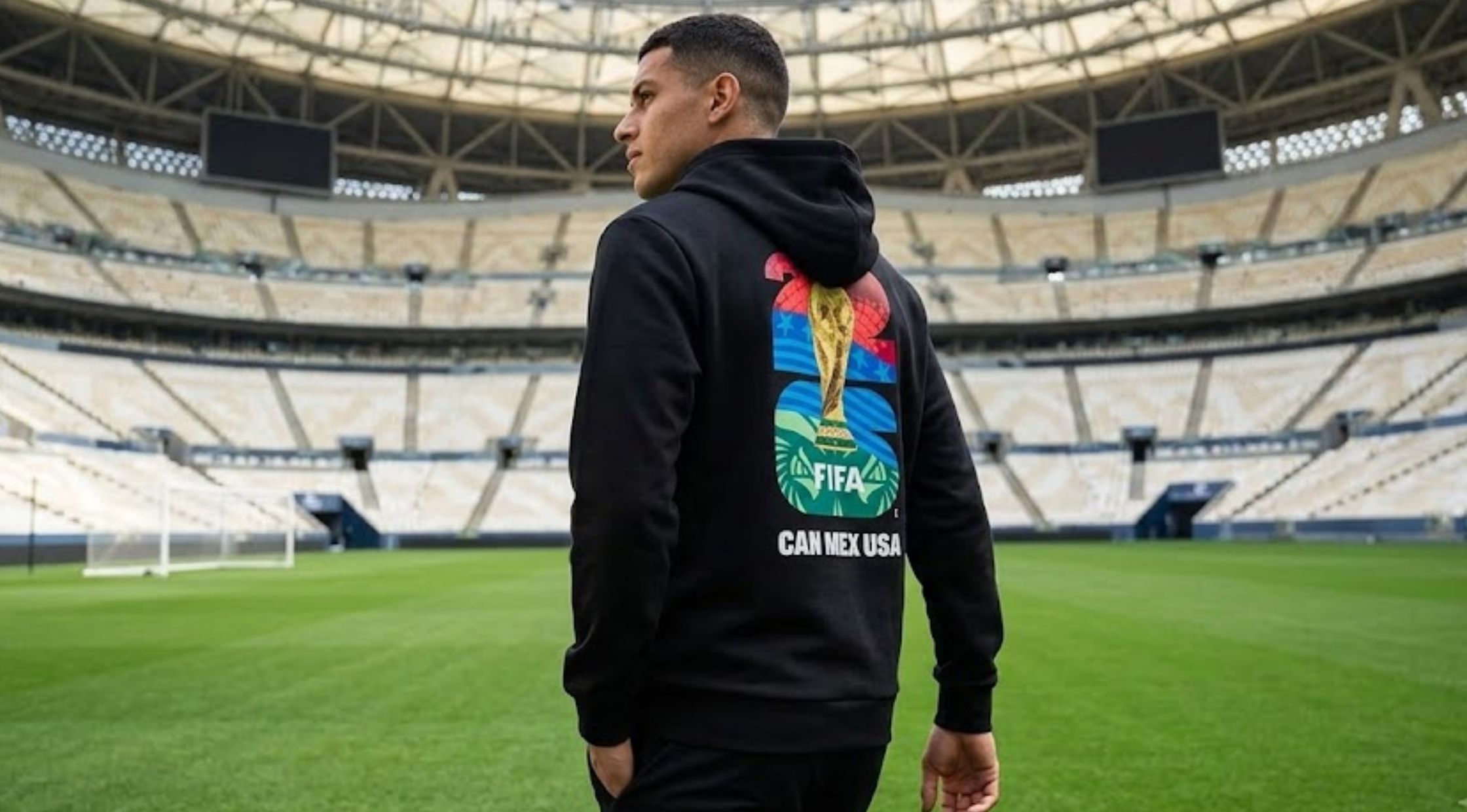 FIFA World Cup 2026 CAN MEX USA Black Pullover Hoodie with Trophy Graphic and Multicolor 26 Print