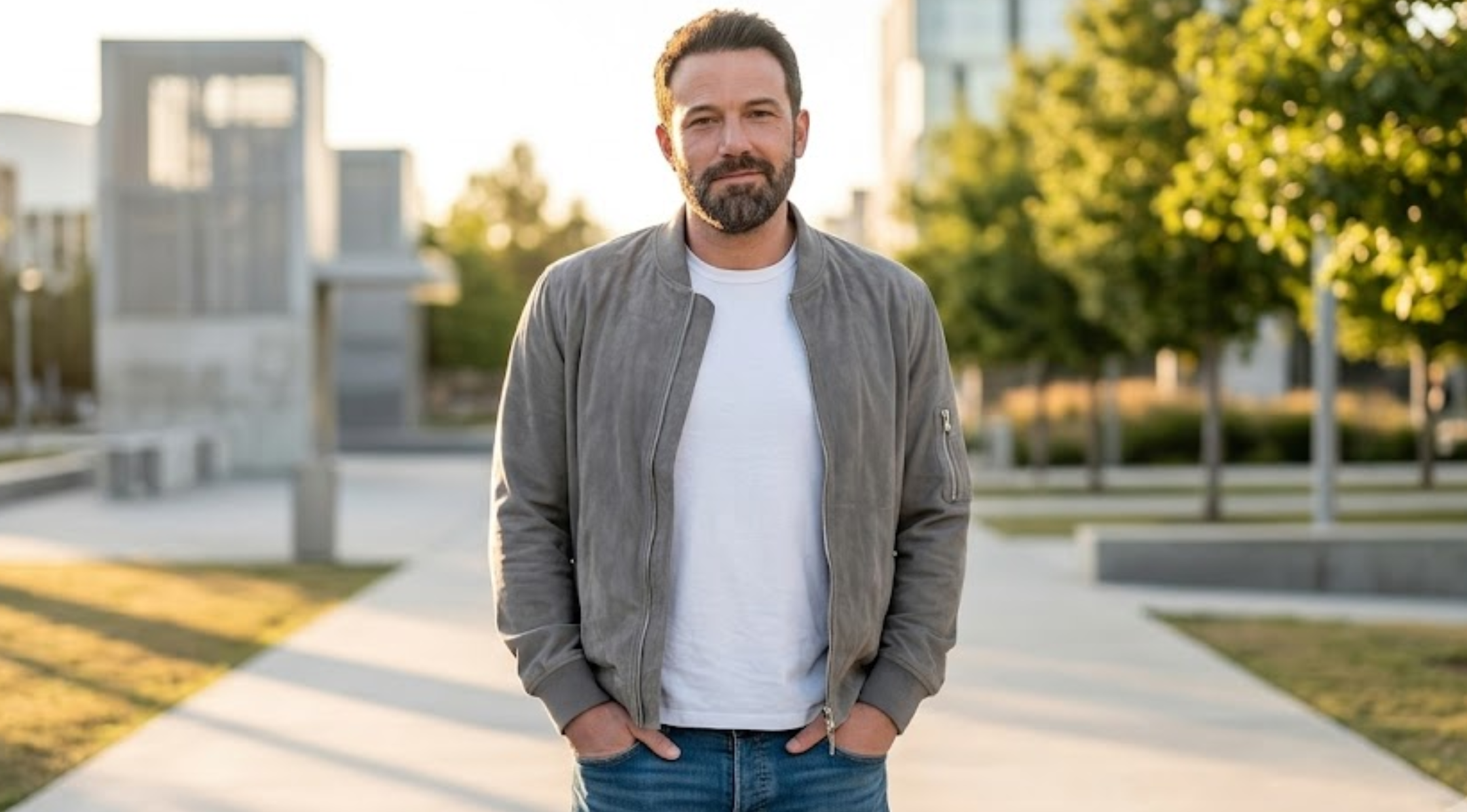 Ben Affleck Grey Suede Bomber Jacket with Rib Knit Collar and Utility Zip Pocket