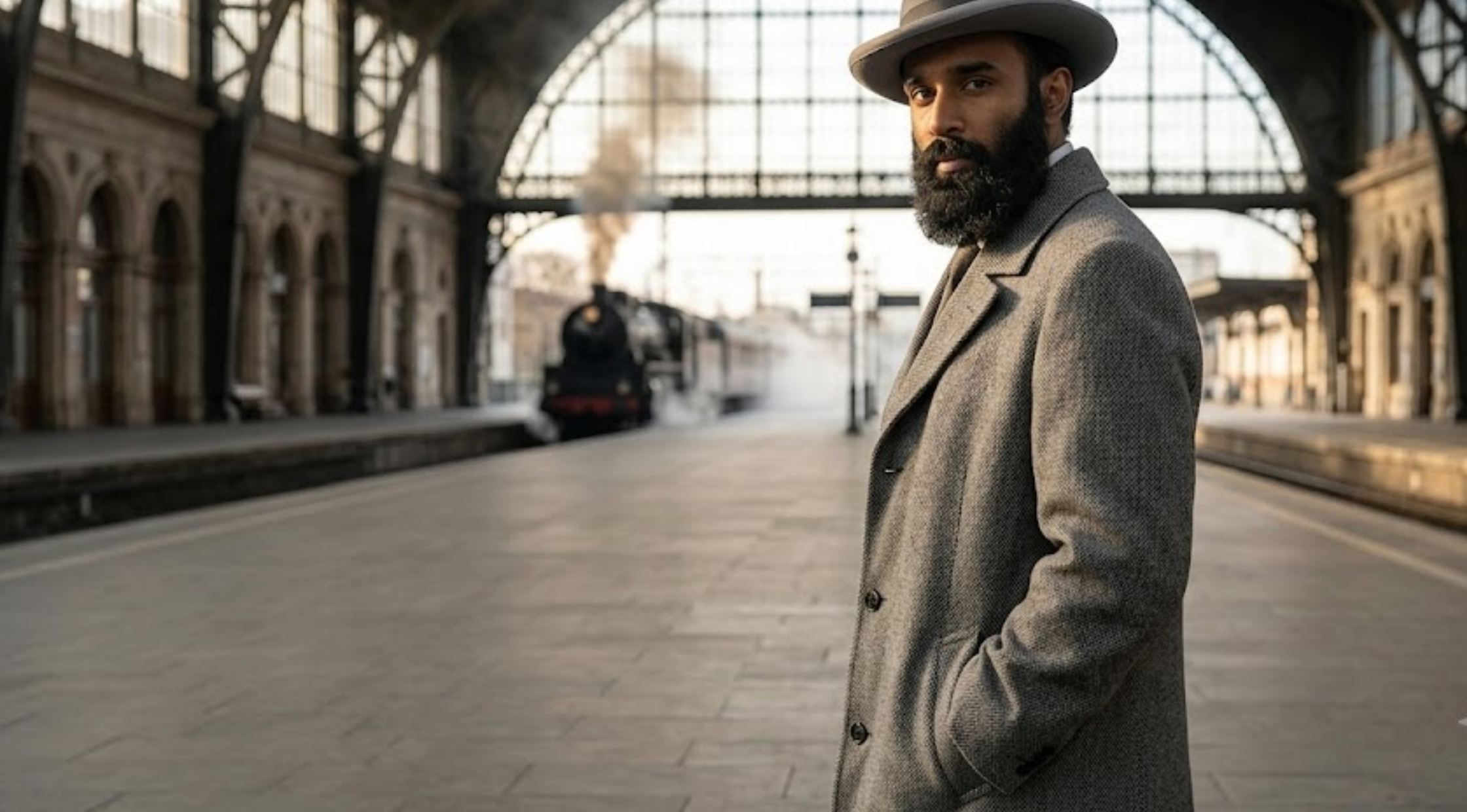 Enola Holmes 3 Himesh Patel Grey Wool Blend Full Length Coat with Structured Lapels