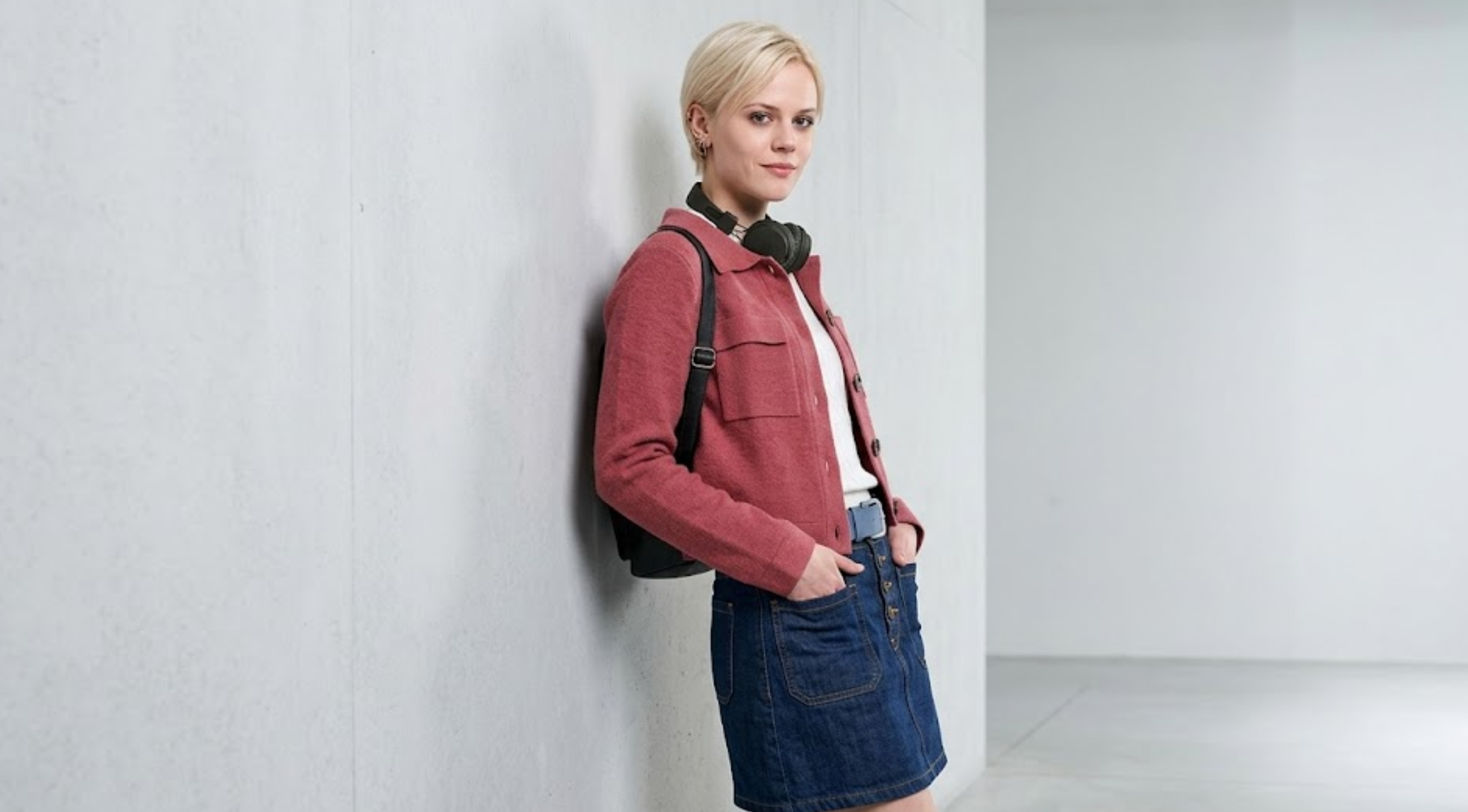 Patience Season 2 Ella Maisy Purvis Rose Pink Wool Blend Cropped Shirt Jacket