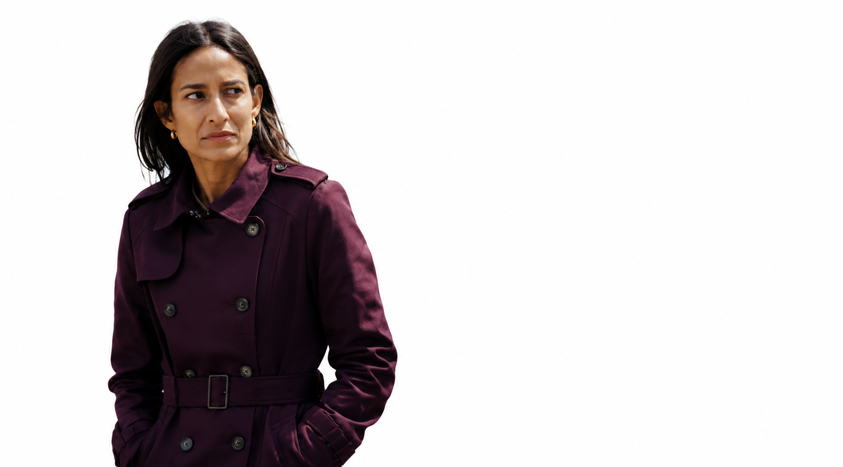 Ground Up 2026 Emma Harvie Burgundy Wool Trench Coat with Double Breasted Design
