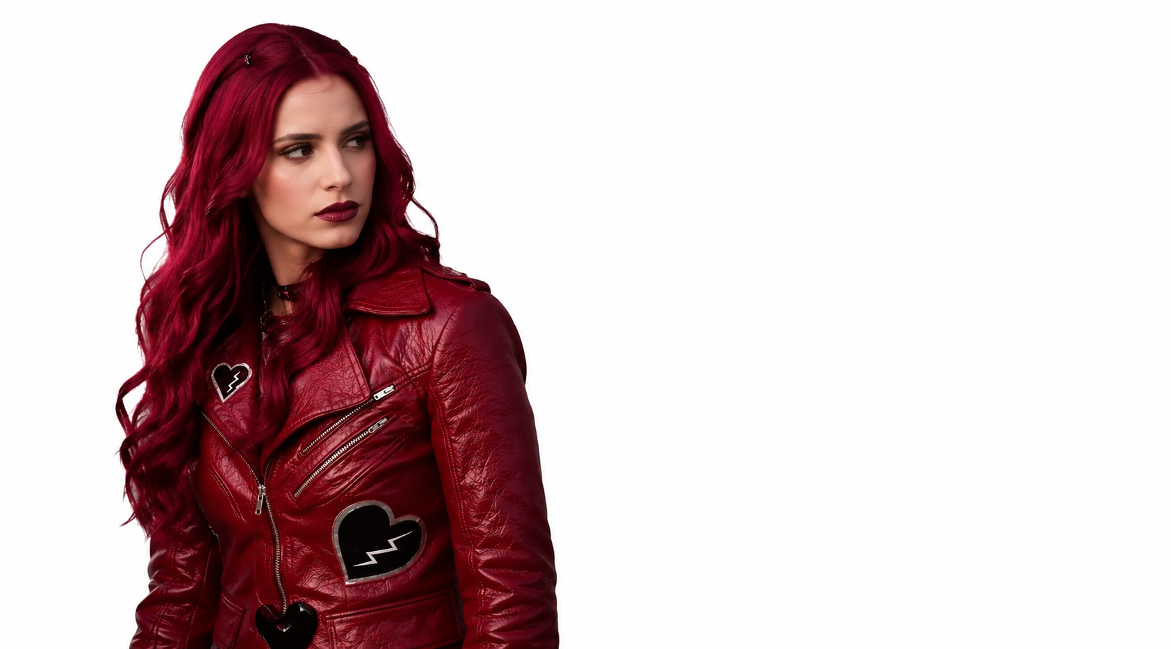 Descendants Wicked Wonderland 2026 Kylie Cantrall Red Leather Jacket with Heart Lightning Patches