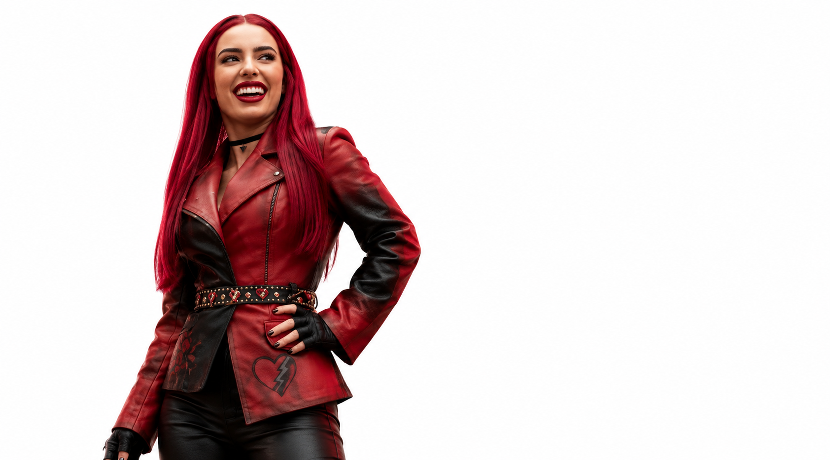 Descendants Wicked Wonderland Kylie Cantrall Red and Black Split Tone Leather Jacket with Studded Belt Design